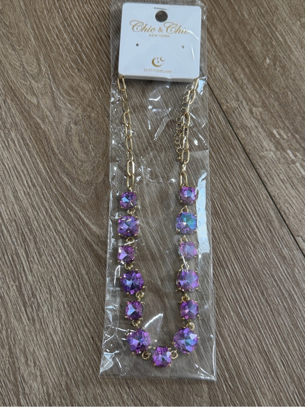 NWT Chic & Chic Purple AB Cushion Square Stone Crystal Necklace and Bracelet Set - Picture 5 of 8